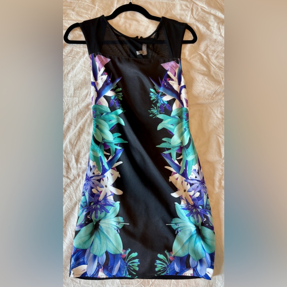 Black Dress with Blue and Purple Floral Design